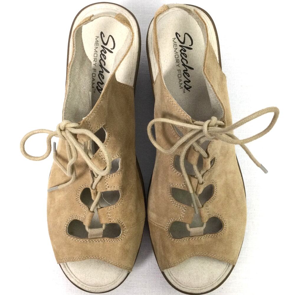 Skechers Boho Chic Minimalist Leather Lace Up Tan Slingback 2.5" Wedge Sandal 9 - Picture 11 of 11